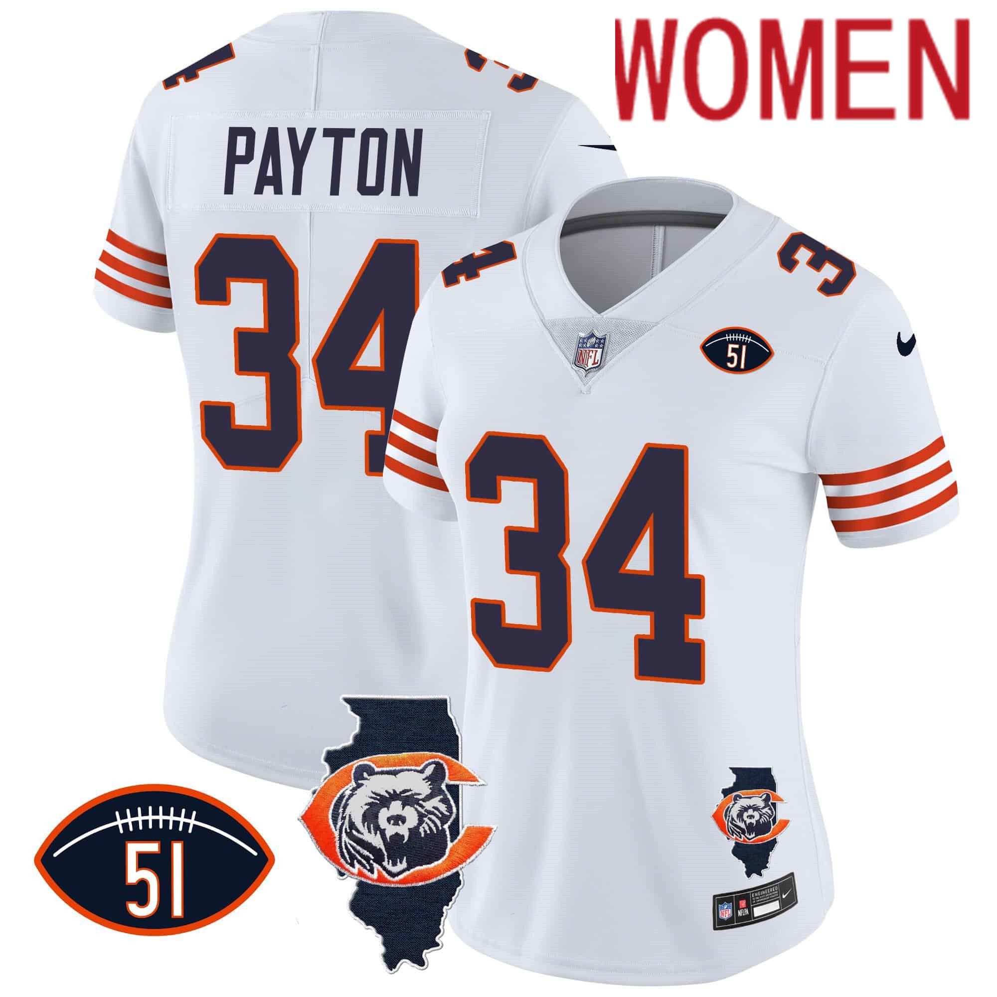Women Chicago Bears #34 Payton White 2024 Nike Throwback Illinois Patch Vapor NFL Jersey->customized nfl jersey->Custom Jersey